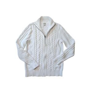 L.L. Bean Womens Medium Regular Off White Cable Knit Full Zip Cardigan Sweater